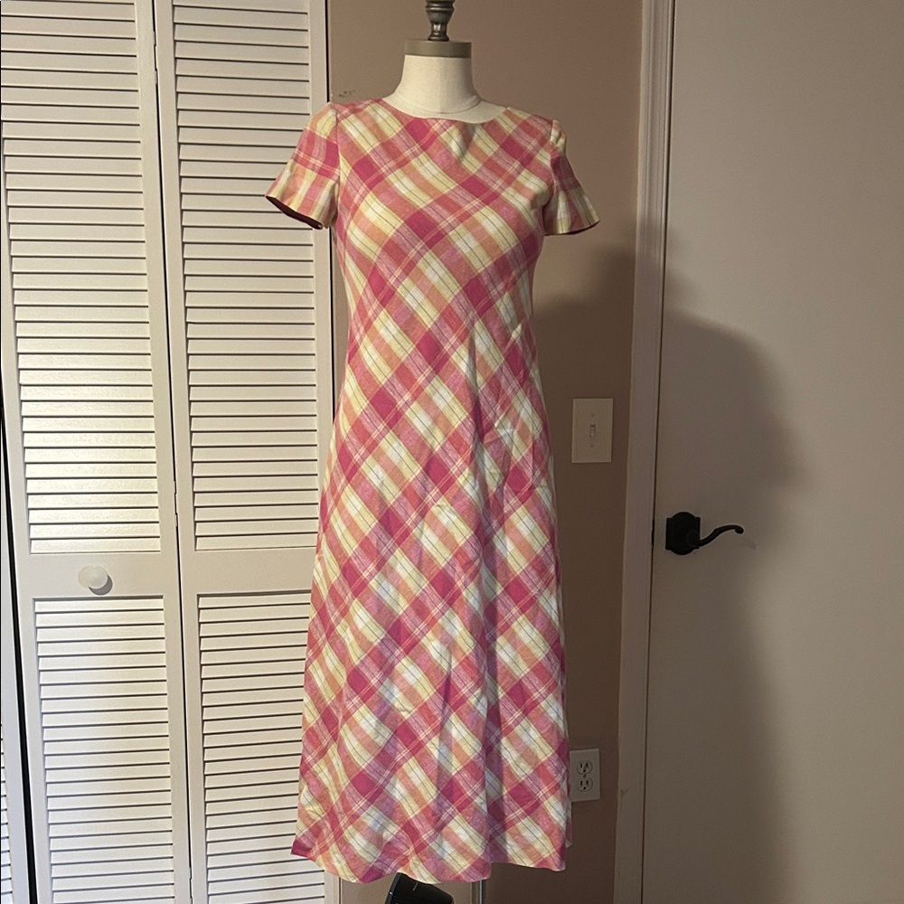 Vintage Talbots Pink Yellow Plaid Midi Linen Dress size 2